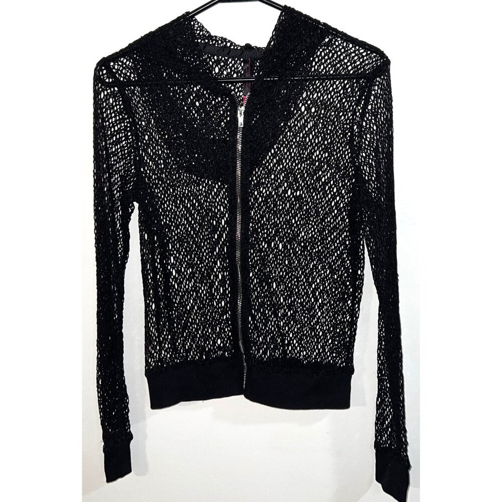 7 Til Midnight Black See-Through Knit Zipper Mesh Sweater with Hood For Women S